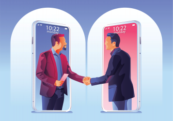 Graphic of two men 'e-meeting' - shaking hands coming out of phone screens