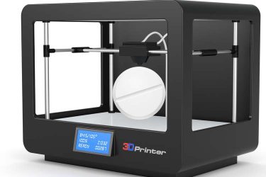 cartoon of a 3D printer finishing printing a white pill