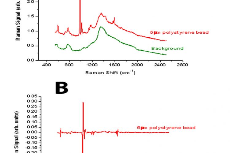 Figure 1 Comparison between the spectra derived from a 5μm polystyrene bead using either standard Raman spectroscopy (A) or modulated Raman spectroscopy (B)