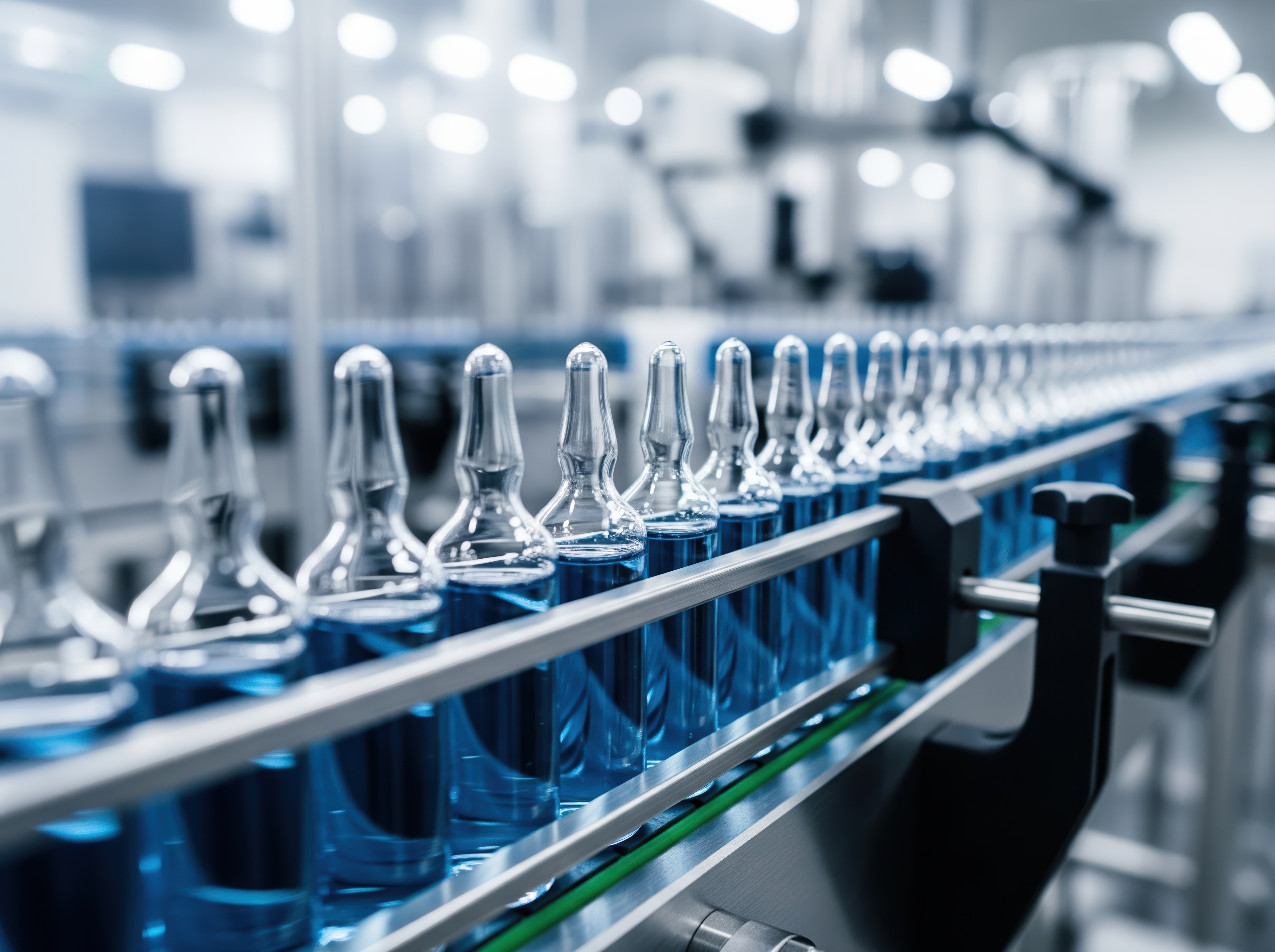 Sterile pharmaceutical assembly line with transparent vials moving in precision, clean manufacturing zone ensures regulated drug processing and quality control