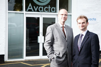 Alastair Smith, CEO of Avacta Group plc, alongside Tim Munns, Director of Wharfedale Property Management Ltd., managers of the Thorp Arch Estate, outside the Avacta building