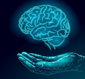 Alzheimer's treatment - glowing human brain about a hand