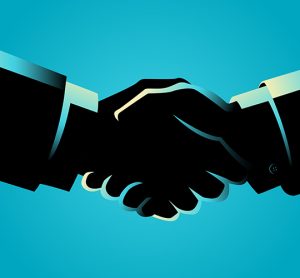 Cartoon silhouette of hands shaking on a bright turquoise background - idea of Mergers/acquisitions/business deals