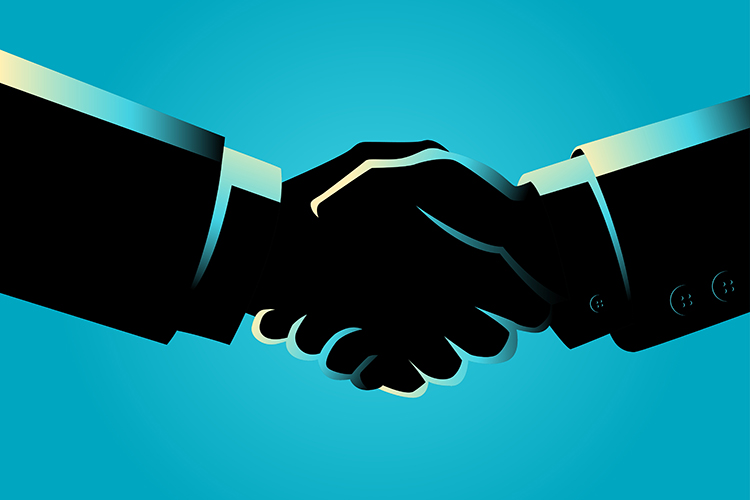 Cartoon silhouette of hands shaking on a bright turquoise background - idea of Mergers/acquisitions/business deals