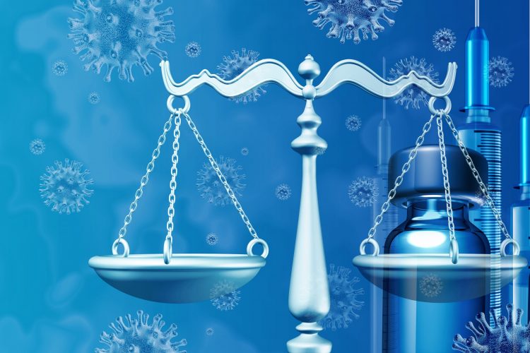 Idea of pharmaceutical regulation or legislation - scales of justice in front of virus particles and vaccine vials/syringes