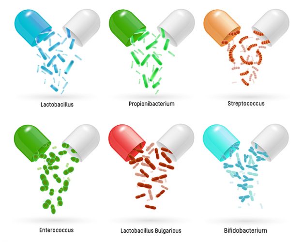 various colours of different capsules with various shapes of bacteria falling from them - LBPs
