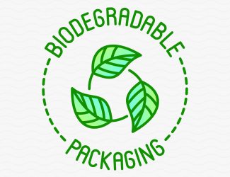 Three leaves in a circle (biodegradable logo) surrounded by the words 'biodegradable packaging'