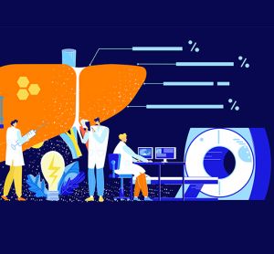 Idea of liver imaging/research - cartoon with large liver, MRI scanner and scientists performing experiments