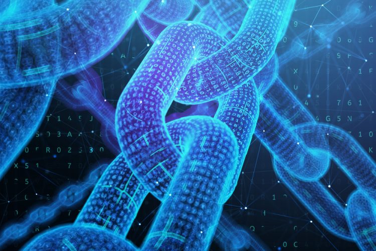 Blockchain technology concept - a glowing blue chain made out of computer code. 3D illustration.