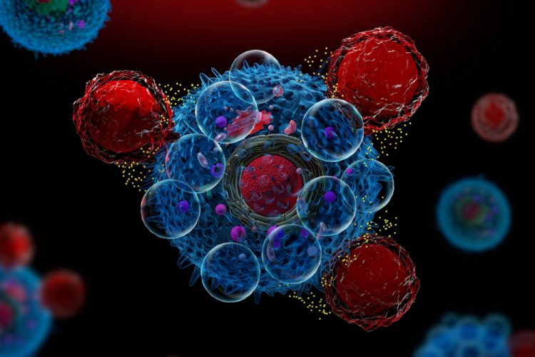 3d illustration of CAR T cells attacking cancer cells and releasing cytokines - idea of CAR T Therapy