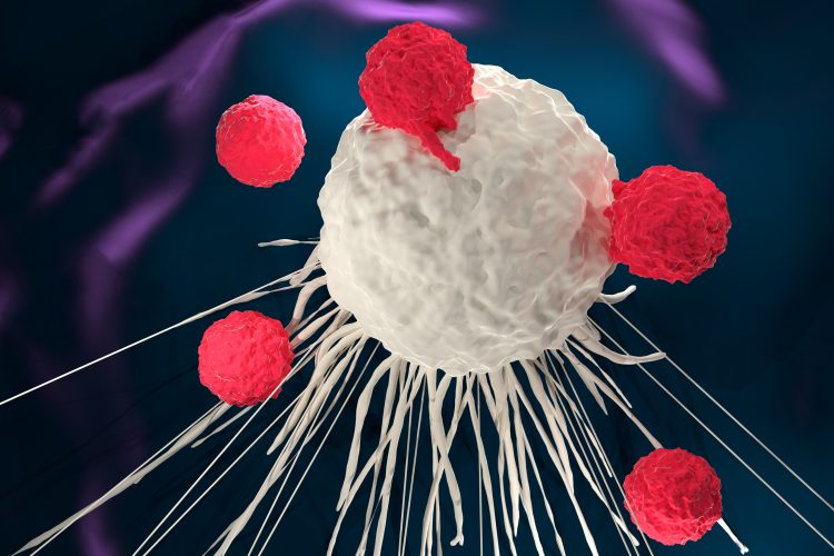 Red CAR T cells attacking a central larger white 'cancer' cell on a dark turquoise background - idea of CAR T-cell therapy