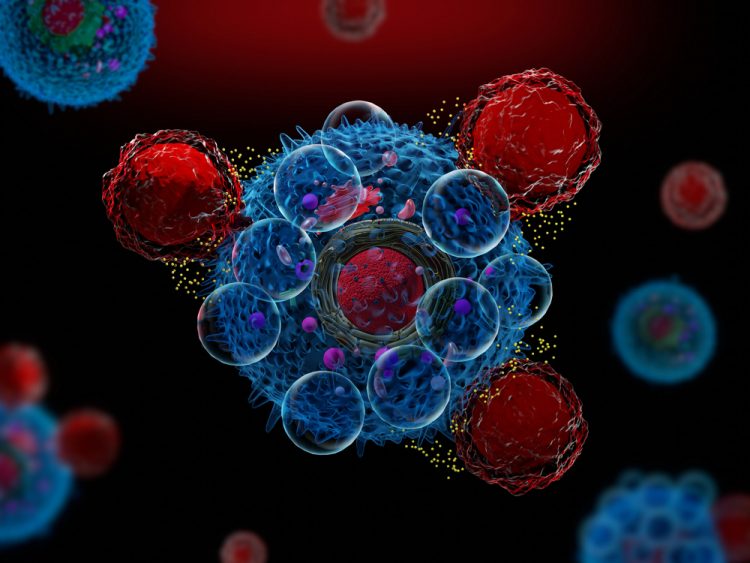 3d illustration of CAR T cells attacking cancer cells and releasing cytokines - idea of CAR T Therapy