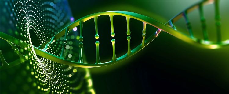 glowing green DNA strand on abstract darker green background
