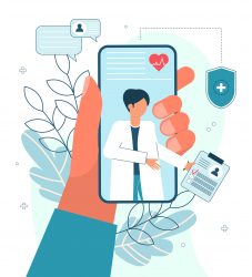 Illustration of a doctor on a phone screen - idea of virtual healthcare and decentralised/remote monitored clinical trials