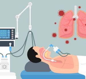 Acute respiratory distress syndrome (ARDS) concept - cartoon of patient in hospital bed intubated and on breathing machine due to respiratory failure/distress