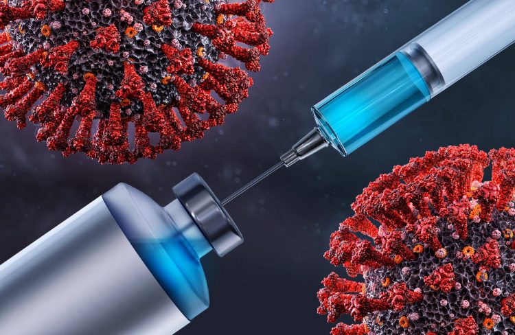 Vial of blue liquid with syringe drawing from it between two black and red SARS-CoV-2 particles - idea of COVID-19 vaccine