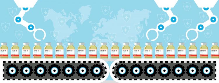 Conveyor belt with vials labelled 'COVID-19 vaccine' moving along it