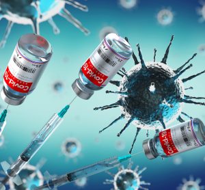 3D illustration of vials labelled 'COVID-19 Vaccine' with syringes in front of coronavirus particles