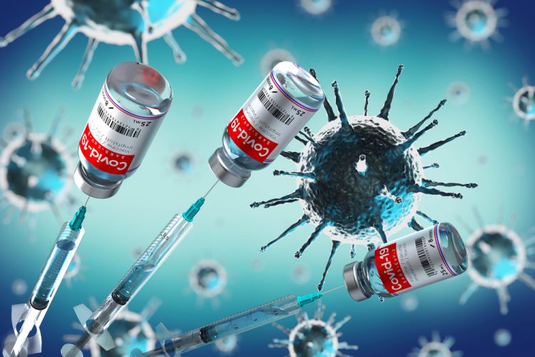 3D illustration of vials labelled 'COVID-19 Vaccine' with syringes in front of coronavirus particles