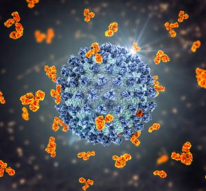 Orange antibodies surrounding a glowing blue and grey SARS-CoV-2 particle - idea of antibodies neutralising SARS-CoV-2 and thus COVID-19 symptoms