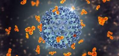 Orange antibodies surrounding a glowing blue and grey SARS-CoV-2 particle - idea of antibodies neutralising SARS-CoV-2 and thus COVID-19 symptoms