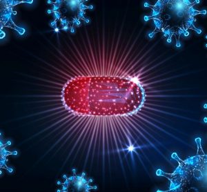 Futuristic antiviral medication against SARS-CoV-2 viral disease covid-19 with glowing low polygonal cred capsule pill and virus cells on dark blue background.