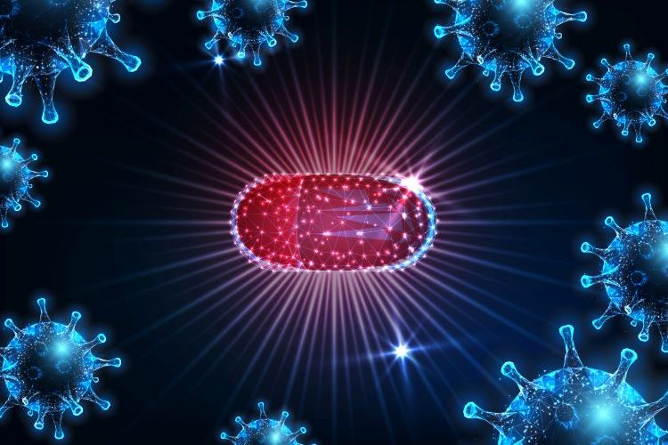 Futuristic antiviral medication against SARS-CoV-2 viral disease covid-19 with glowing low polygonal cred capsule pill and virus cells on dark blue background.