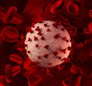 coronavirus surrounded by red blood cells