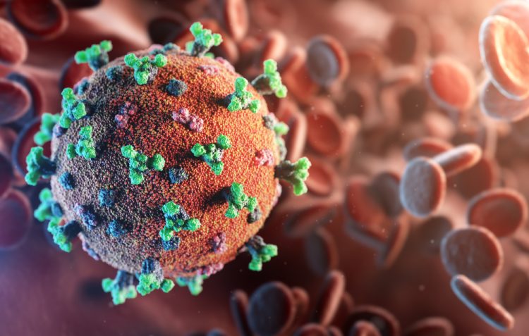 3D rendering of a SARS-CoV-2 particle surrounded by red blood cells - idea of COVID-19