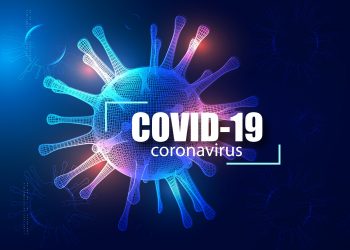 Coronavirus particle overlaid with words 'COVID-19' and 'Coronavirus'