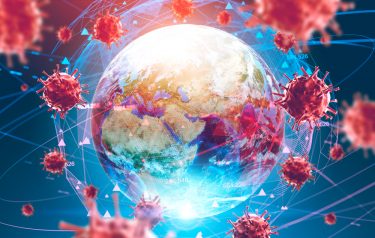 Red coronavirus particles surrounding Earth globe - idea of COVID-19 pandemic