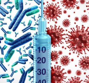 Blue antibodies on the left, red coronavirus particles on the right with the two split by a syringe - idea of COVID-19 vaccination generating antibodies to combat SARS-CoV-2 virus