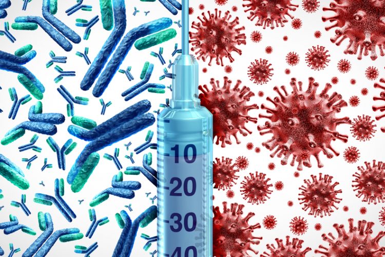 Blue antibodies on the left, red coronavirus particles on the right with the two split by a syringe - idea of COVID-19 vaccination generating antibodies to combat SARS-CoV-2 virus