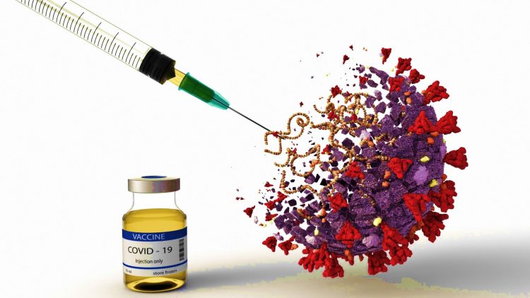 Vial labelled 'COVID-19 Vaccine', a syringe and a COVID-19 vaccine particle being destroyed