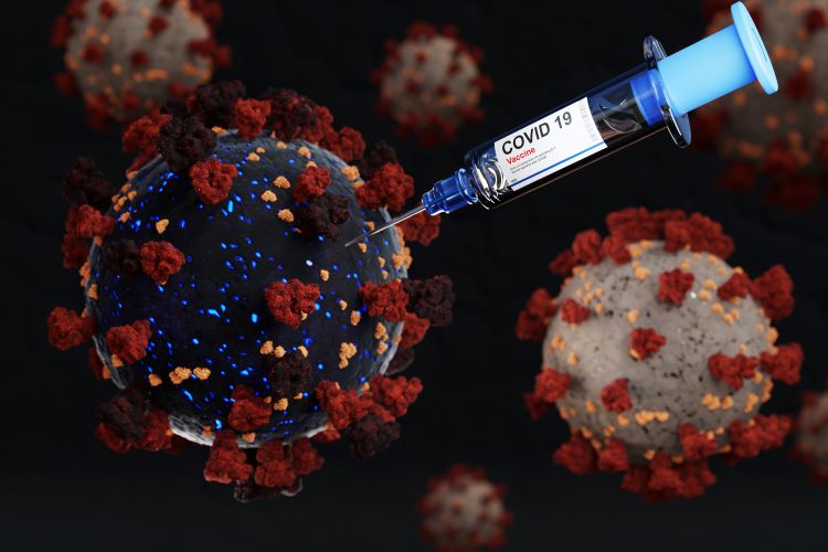 Black and red coronavirus particle being injected by a syringe labelled 'COVID-19 VACCINE'