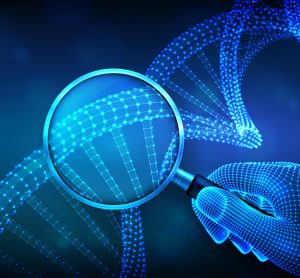 Genetic engineering concept with magnifier in hand and DNA sequence.