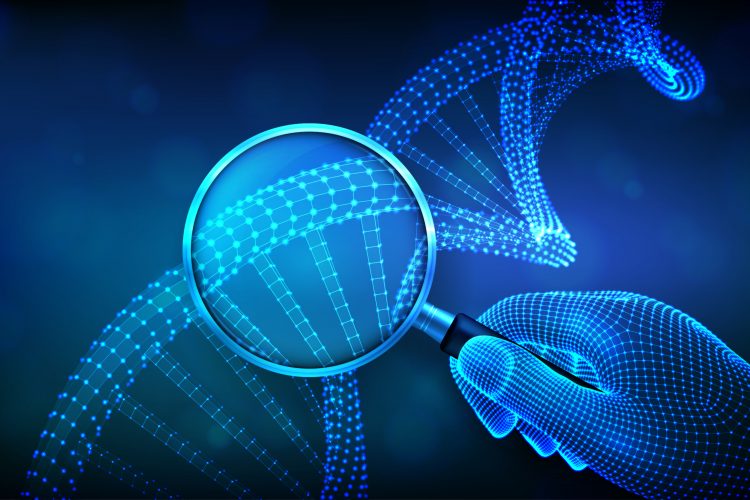 Genetic engineering concept with magnifier in hand and DNA sequence.