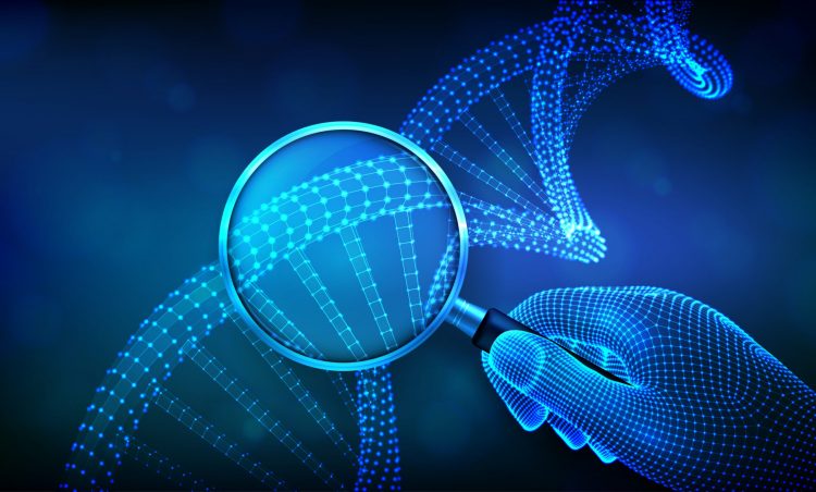 Genetic engineering concept with magnifier in hand and DNA sequence.