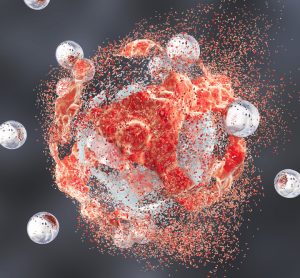 3D illustration of a red tumour cell being destroyed by white nanoparticles