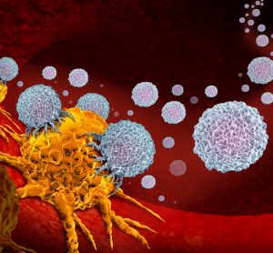 Concept of cancer immunotherapy - cartoon of white immune cells attacking a yellow cancerous tumour on a red background