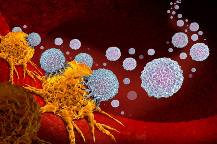 Concept of cancer immunotherapy - cartoon of white immune cells attacking a yellow cancerous tumour on a red background