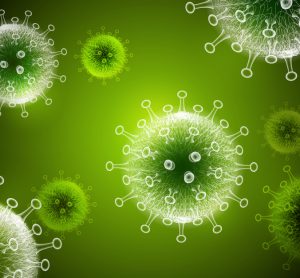 Coronavirus particles in white on a bright green background