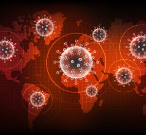 world map with SARS-CoV-2 viral particles over it