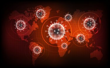 world map with SARS-CoV-2 viral particles over it