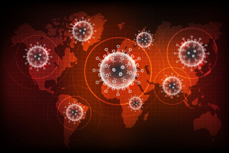 world map with SARS-CoV-2 viral particles over it