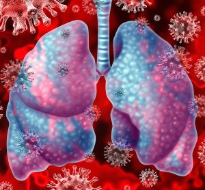 coronavirus particles in grey surrounding lungs