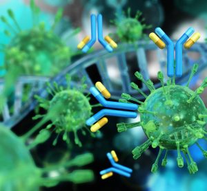 SARS-CoV-2 particles in green with antibodies in blue and yellow