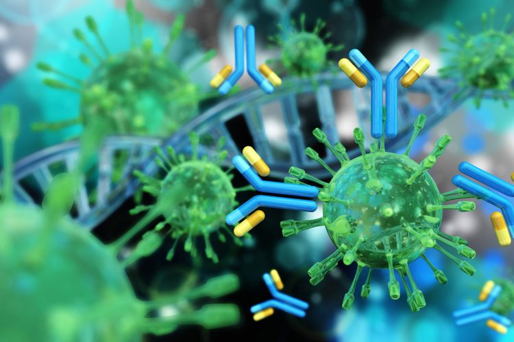 SARS-CoV-2 particles in green with antibodies in blue and yellow