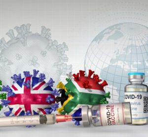 vaccine efficacy against COVID-19 viral variants concept - three coronavirus particles in the Brazil, UK and South African flag next to three different vials labelled #COVID-19 Vaccine'