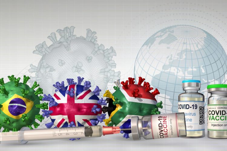 vaccine efficacy against COVID-19 viral variants concept - three coronavirus particles in the Brazil, UK and South African flag next to three different vials labelled #COVID-19 Vaccine'